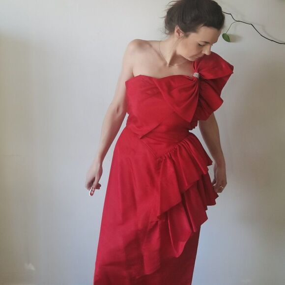 Vintage 90s Cherry one Shoulder Red Party Dress with Side Ruffle and Bow Vday - Picture 5 of 10